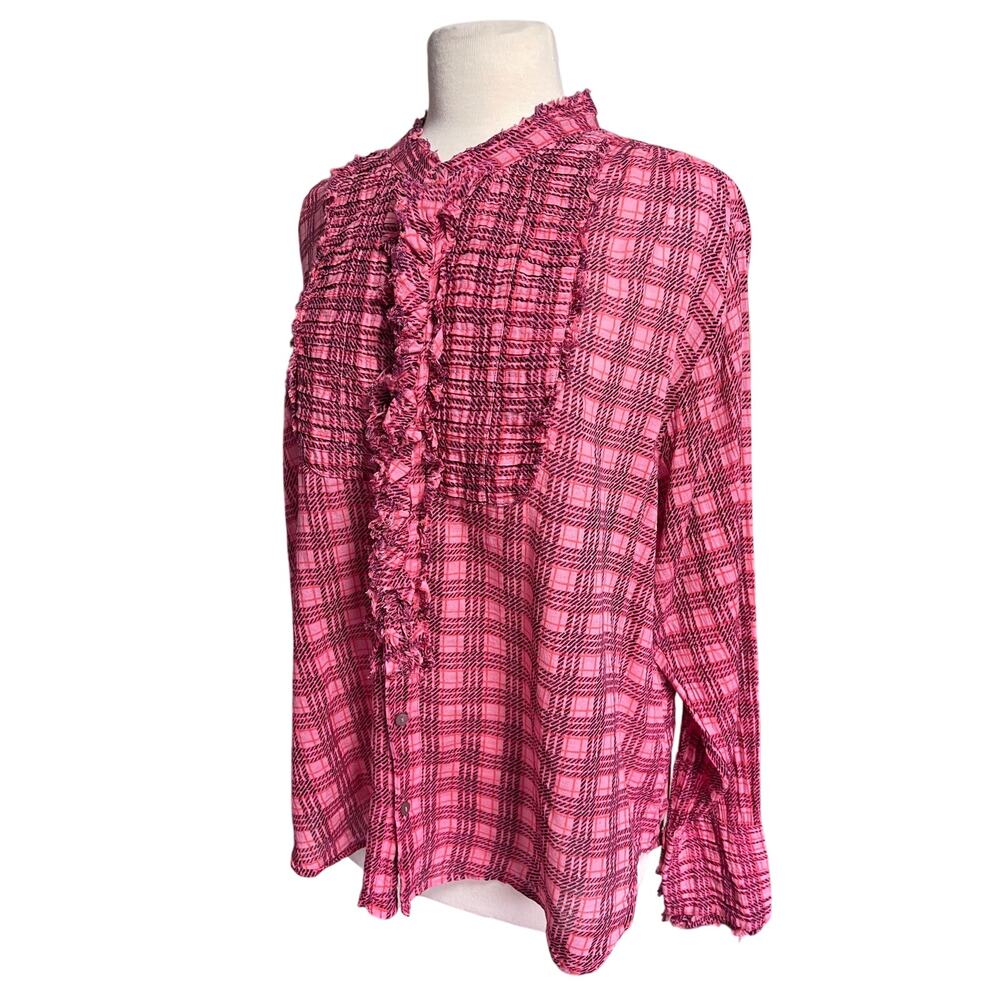 FREE PEOPLE ONE Women’s Boho Pink Plaid Mile’s Tuxedo Ruffle Front Top - Picture 5 of 6